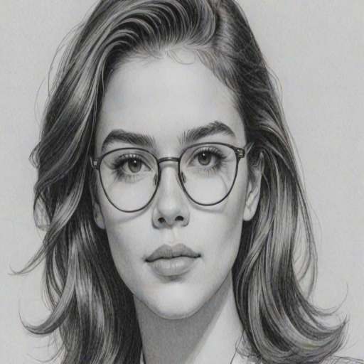Radiant Haliee Steinfeld, pencil sketch, portrait of Magnificent woman 1980s in glasses, hair style beatnik, outline, clear lines, fine lines, 8k