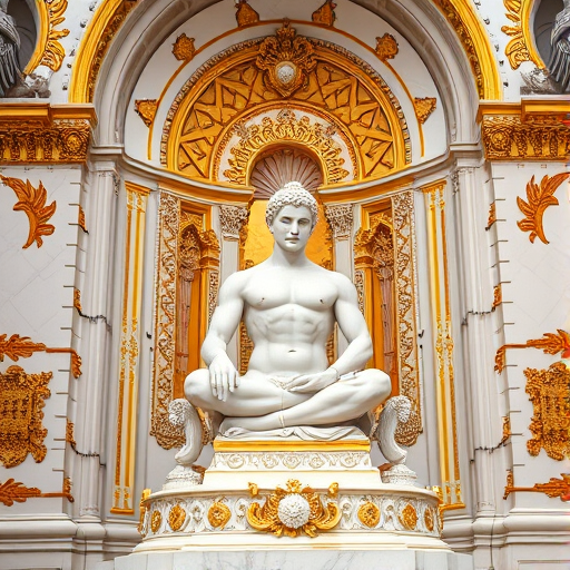 Create an image of a majestic statue with intricate golden and white marble details, featuring a muscular figure seated in a meditative pose, surrounded by ornate archways and floral motifs, captured with a Canon EOS R5 at f/2.8, 50mm lens, ISO 100, in soft natural light for enhanced texture and clarity.