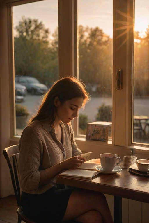 Softly lit image of a woman sitting alone at a cafetable, reading a book in the late afternoon light, with a cup of tea steaming beside her and the soft glow of the setting sun illuminating the scene.