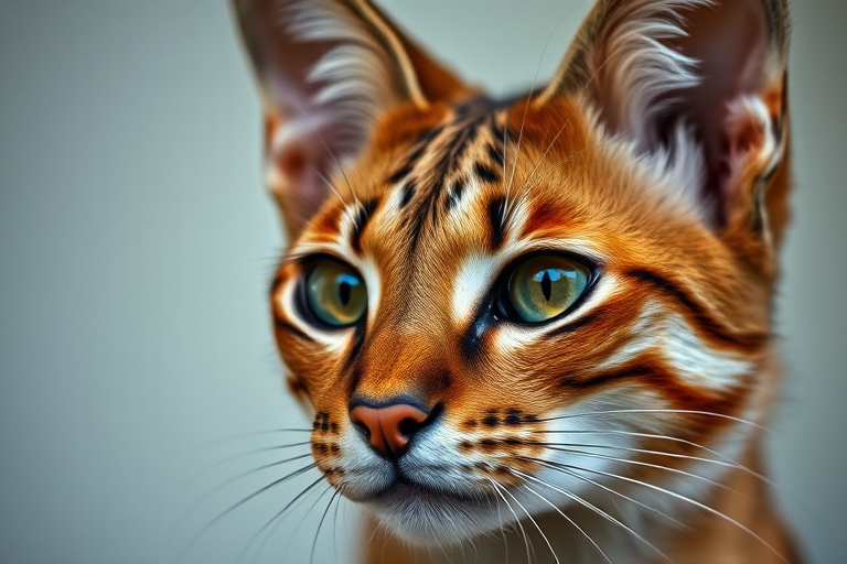 Capture a close-up of a caracal in soft, ambient lighting using a DSLR camera with a 50mm lens, aperture set to f/1.8, ISO 400, shutter speed of 1/200s, macro mode, focusing on the eyes to emphasize detail and texture.