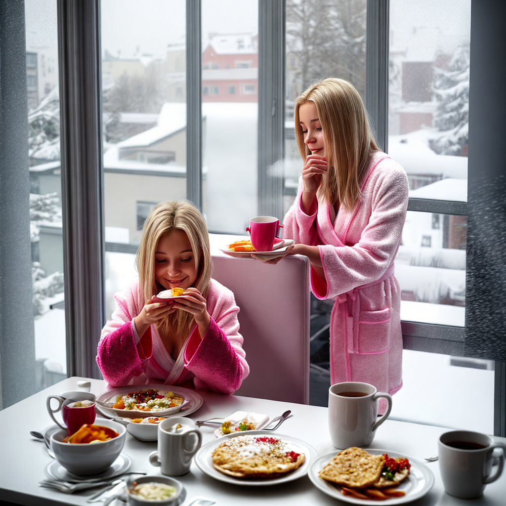 Breakfast In Robe front view of blonde female in pink robe and white silk undergarments ...
