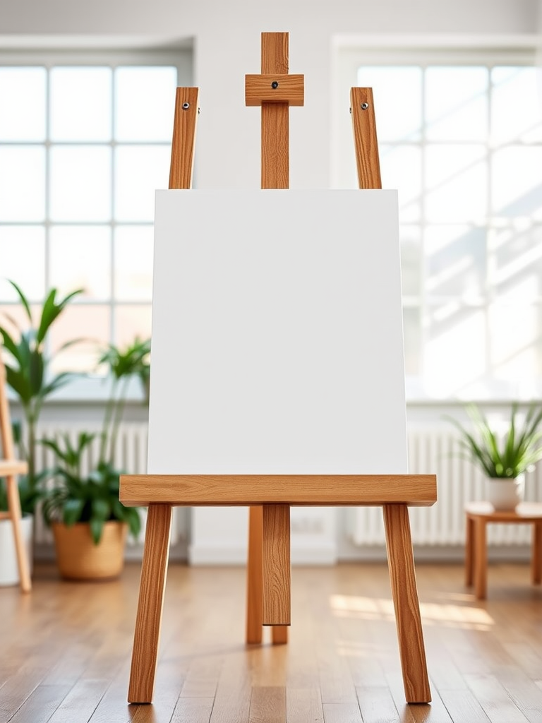 Create an image of a wooden easel with a blank canvas, captured in a bright indoor setting using a DSLR camera with a 50mm lens, f/2.8 aperture, ISO 100, 1/100s shutter speed, top-down view, natural lighting, and a shallow depth of field for enhanced clarity and focus.