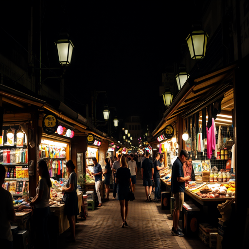 High-contrast, night-time photo of a bustling street market, vendors selling colorful goods under glowing lanterns, soft shadows cast on the cobblestone street, people chatting and browsing, a distant sound of music and soft chatter filling the air.