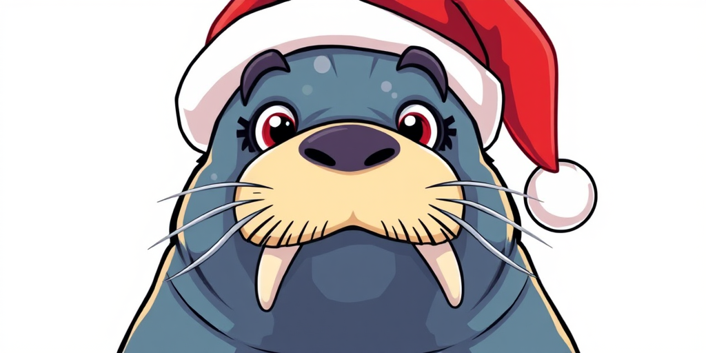Create a vibrant and cheerful illustration of a cartoon walrus wearing a Santa hat, featuring bright colors and bold outlines, with a focus on the eyes and tusks, shot with a Canon EOS R5 at ISO 100, f/2.8, 1/200s, in a close-up perspective for high detail and clarity.