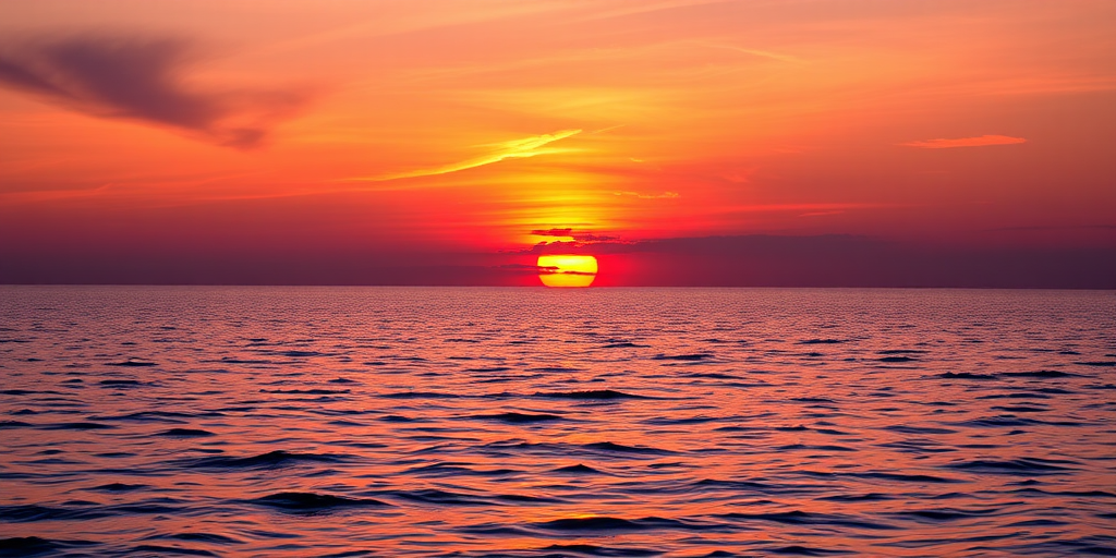 Generate a vibrant sunset over calm waters with rich oranges and reds, capturing the reflection of the sun on the water's surface, using a DSLR camera with a 50mm lens, aperture f/1.8, ISO 100, at sunset, in HDR style.