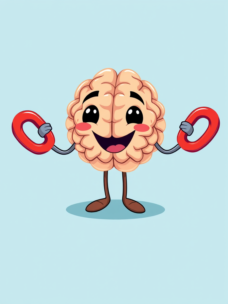Create a playful illustration of a cartoon brain with cartoonish arms holding red magnets, set against a light blue background, with a slight swirl effect beneath it, using a Canon EOS R5, 50mm lens, f/1.8 aperture, ISO 100, shot in vibrant colors and high contrast for clarity.