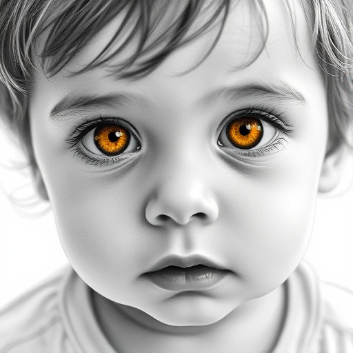 A hyperdetailed photorealistic black and white sketch of a beautiful toddler with deep Yellow eyes, with a macro focus