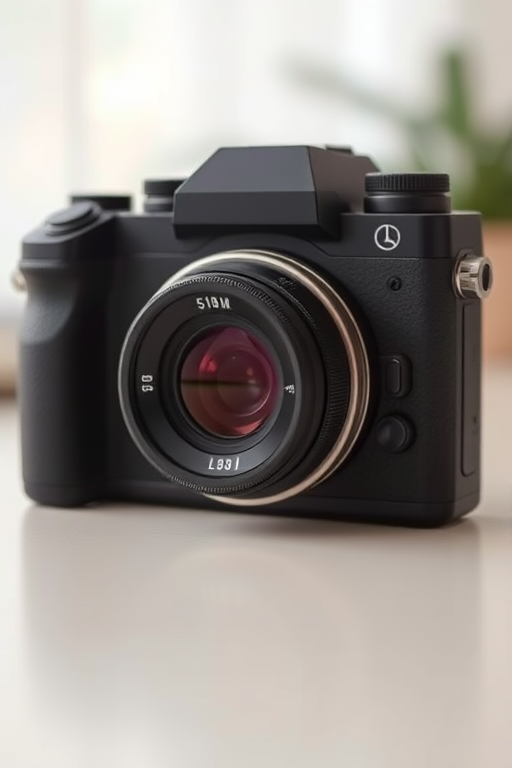 Create a high-resolution image of a modern camera in a minimalist design, shot from a slightly elevated angle, using a 50mm lens at f/1.8, ISO 200, shutter speed 1/125 sec, with a soft focus background.