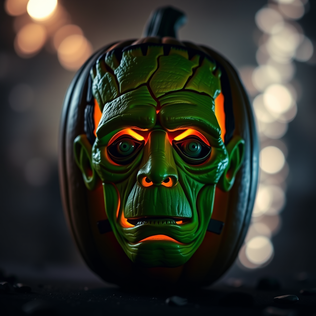 a pumpkin intricately carved in the face of a classic horror monster [Frankenstein] 3d, ultra-realistic, highly detailed, dramatic lighting, bokeh