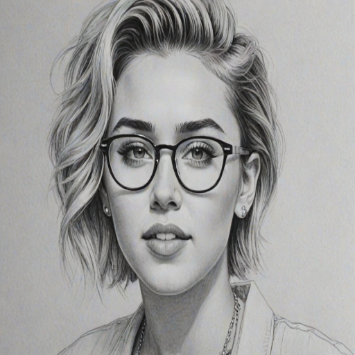 Delightful Miley Cyrus, pencil sketch, portrait of Superb woman 1955s in glasses, hair style beatnik, outline, clear lines, fine lines, 8k