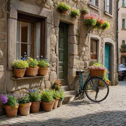 Old cobblestone street in a European village, flower boxes on every windowsill, a woman with a bicycle walks past, her basket filled with fresh bread and wildflowers.