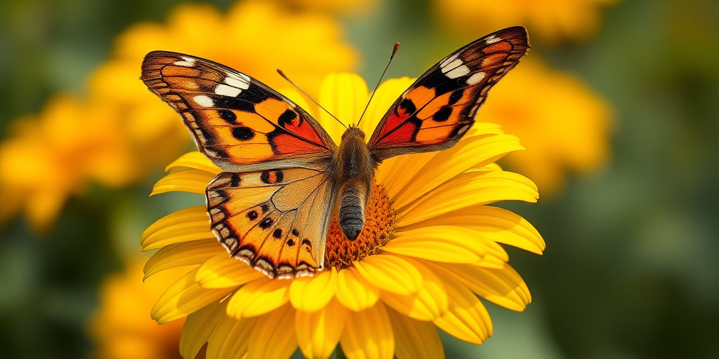 Generate an image of a butterfly perched on a vibrant yellow flower. The butterfly should have intricate patterns on its wings, showcasing a mix of orange, black, and white colors. The flower should have a large, round center with petals that radiate outward, capturing the essence of a sunny garden. The background should be softly blurred to emphasize the butterfly and flower.