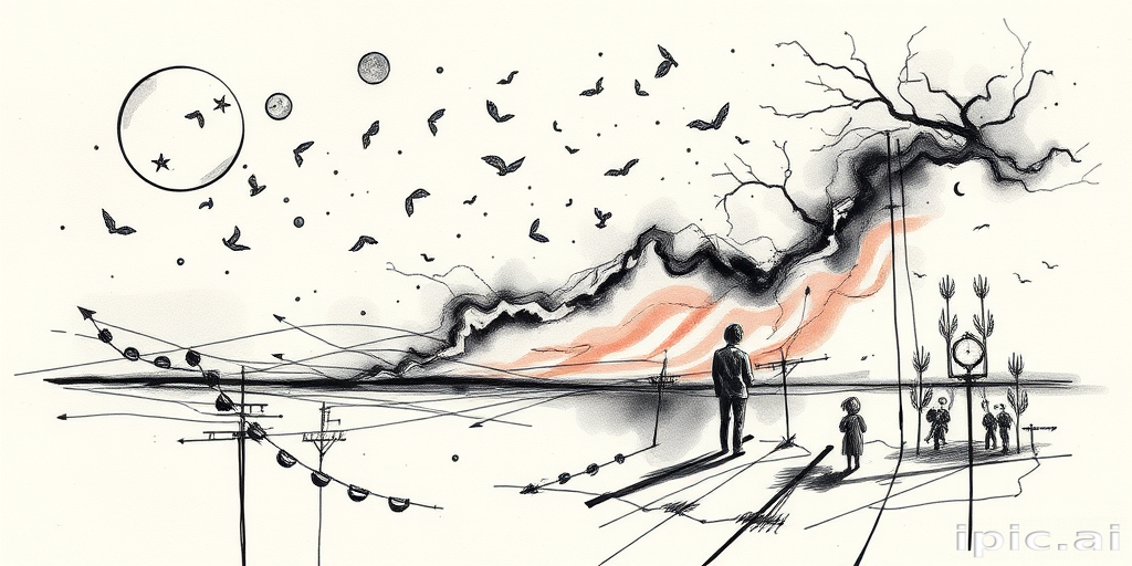 Sketch-style "Ephemeral Memories" tattoo artwork depicting dreamlike scenes and personal symbolism with loose gestural lines and shading techniques to create a raw and emotive visual narrative