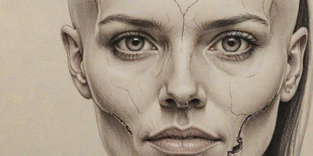 Detailed realistic drawing of the face of a woman facing the viewer but the left half of her face is skull while the right side of her face is normal. She has no hair on the left side of her face only a skull and also her eye-socket is hollow on the left side
