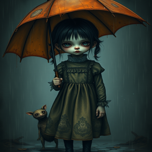 An eerie, weird little girl with dark hair in thin pigtails, wearing a smock dress, standing in the rain, holding a dirty orange umbrella, a small, odd creature beside her. In a surreal style inspired by Nicoletta Ceccoli and Brian Froud. Dark fantasy themes