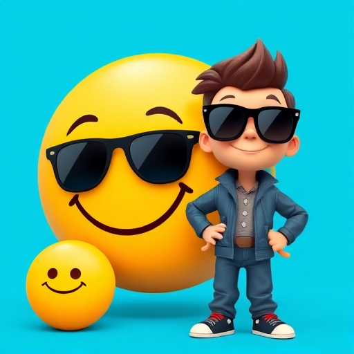 Generate an image of a stylish cartoon character wearing sunglasses, standing confidently next to a large smiling emoji with sunglasses, on a bright blue background, using a DSLR camera with a 50mm lens, f/1.8 aperture, ISO 100, shot at eye level for a vibrant and detailed composition.