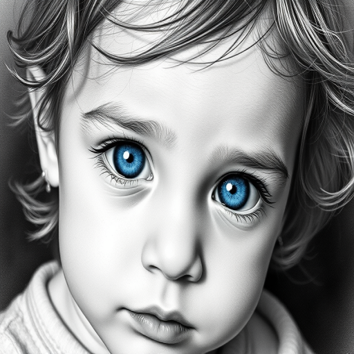 A hyperdetailed photorealistic black and white sketch of a beautiful toddler with deep blue eyes, with a macro focus