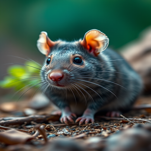 Create a highly detailed illustration of a rat in a natural setting, using a Canon EOS R5 with a 50mm f/1.2 lens, aperture set to f/2.8, ISO 100, and a shallow depth of field to enhance focus on the rat while softly blurring the background, capturing vibrant colors and textures.