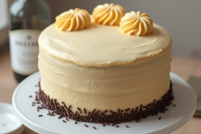 A round cake with a smooth beige frosting decorated with swirls on top and chocolate sprinkles around the base, placed on a white cake stand with a blurred bottle in the background.