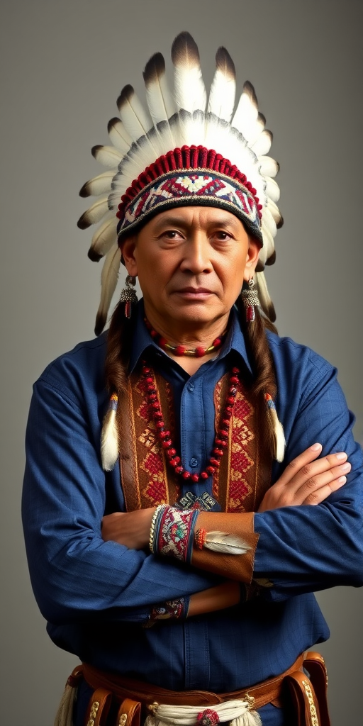 Create a dignified portrait of a Native American man dressed in traditional attire. He wears a beautifully crafted headdress adorned with white feathers and red beads, along with a beaded headband featuring intricate patterns. His clothing includes a deep blue, patterned shirt and a traditional chest piece with detailed beadwork. His arms are crossed, displaying leather armbands decorated with feathers. The background is simple and neutral, emphasizing his proud and stoic expression. The overall image captures the rich cultural heritage and strength of his persona.