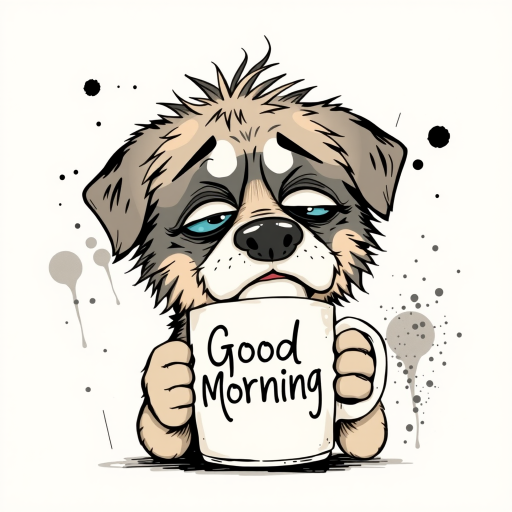 A quirky, artistic illustration of a disheveled akita pit dog breed with exaggerated, large eyes and spiky fur, holding a coffee mug that reads "Good Morning". The dog has a tired but humorous expression, with ink splatters and abstract details surrounding it, giving a whimsical feel to the image. The color palette is mostly monochrome with hints of blue in the eyes and steam rising from the mug, enhancing the overall sleepy vibe