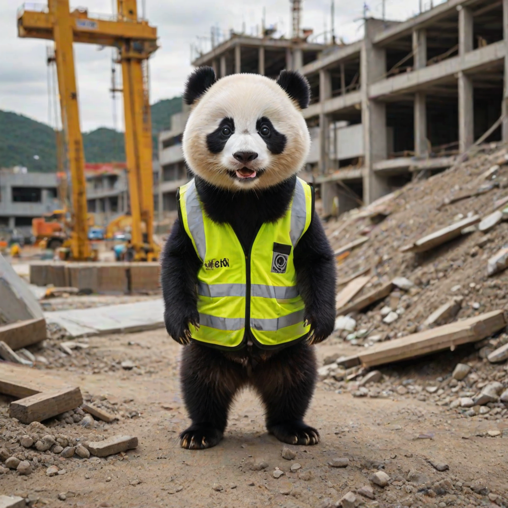 The image is a high-resolution photograph of a Naughty panda, depicted standing on a bustling construction site. Huahua has her distinctive black and white fur, and she is dressed in a bright yellow construction helmet and a reflective safety vest, adding to her professional appearance. The helmet has a small logo on the front, and the vest is detailed with reflective stripes, creating a realistic construction look.