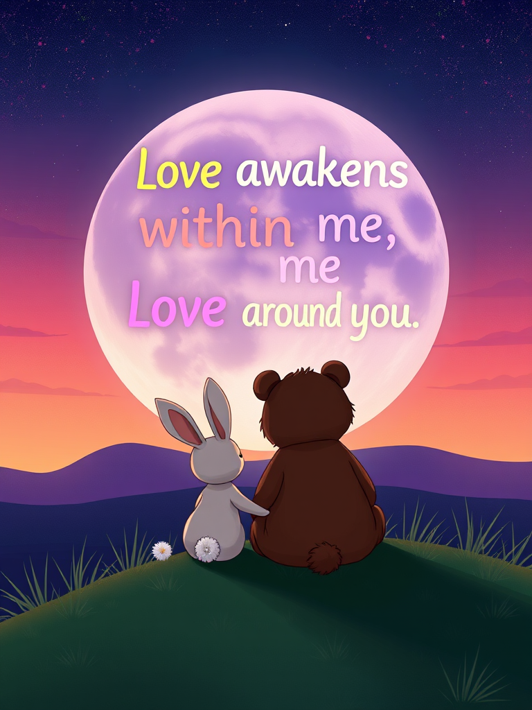 Create an illustration of two cartoon animals, a rabbit and a bear, sitting together on a hill looking at a large, colorful full moon filled with the words "Love awakens within me, Love around you" in various fonts and colors, captured with a DSLR camera, 50mm lens, f/2.8 aperture, ISO 100, at twilight for vibrant colors and soft focus.