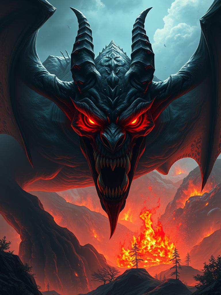 create a dark fantasy illustration of a menacing demon with glowing red eyes and sharp teeth, set against a fiery landscape with mountains and trees, using a high-resolution digital art style; camera settings: f/8 aperture, ISO 100, 1/60s shutter speed; camera view: wide-angle shot; camera style: cinematic; camera type: digital SLR