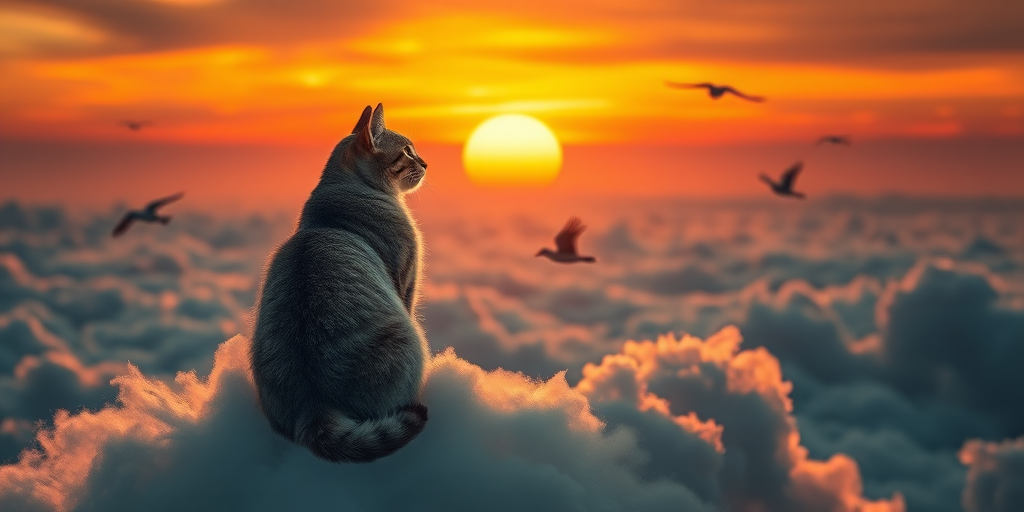A majestic cat sitting on a cloud, gazing into the distance with a dramatic sunset backdrop and birds flying, captured with a Canon EOS R5, 50mm lens, f/1.8 aperture, ISO 100, soft focus and vibrant colors.