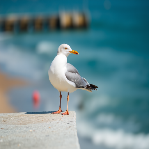 seagull standing on a concrete edge overlooking the beach with a blurred background, aperture f/4, ISO 100, shutter speed 1/200s, taken with a DSLR camera, natural lighting, focus on the seagull with a shallow depth of field