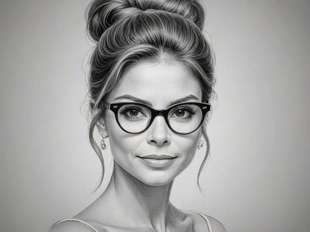 Fetching Maria Menounos, pencil sketch, portrait of Attractive woman 1958s in glasses, hair style beatnik, outline, clear lines, fine lines, 8k