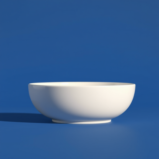 Create a 3D render of a white ceramic bowl with a black logo depicting oats and a wheat ear on a deep blue background, using a DSLR camera with a 50mm lens at f/1.8, ISO 100, 1/200 sec, in a soft light environment to enhance shadows and reflections.
