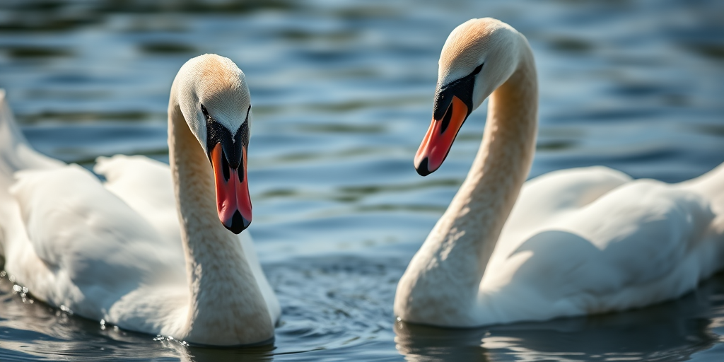 Capture a close-up shot of two swans in a serene water setting, using a Canon EOS R5 camera with a 100mm f/2.8 lens, aperture set to f/4, ISO 200, with a shallow depth of field and soft natural lighting for enhanced clarity and detail.