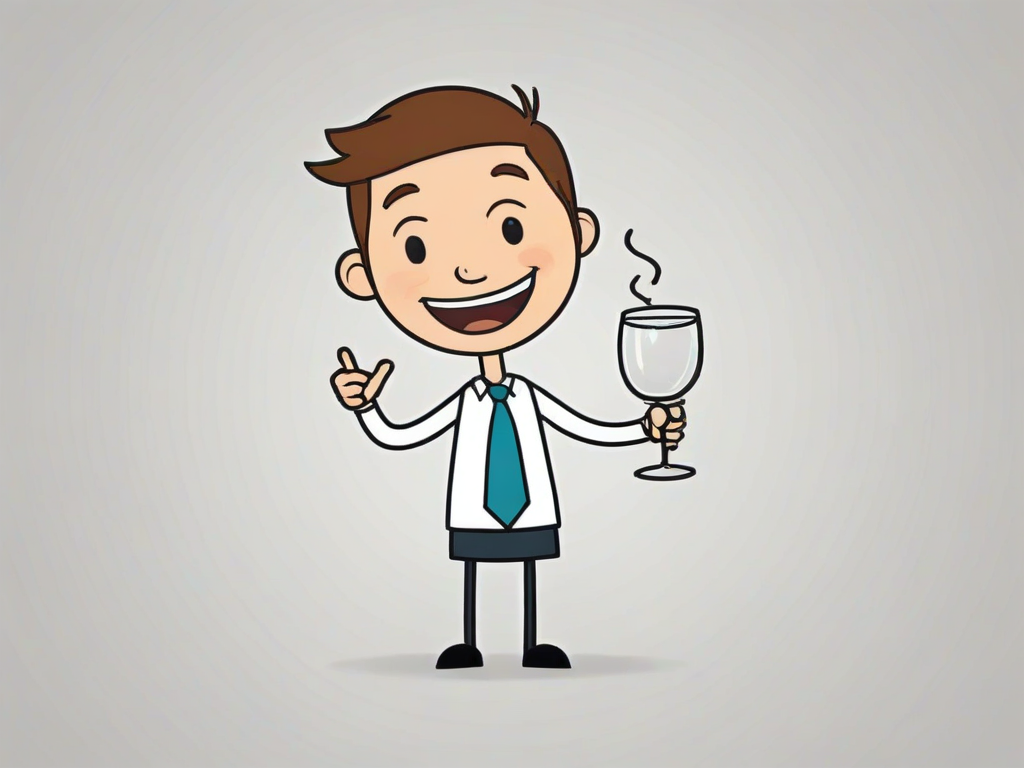 create a simple stick figure character holding a glass in an animated style with a happy expression and a minimalistic design