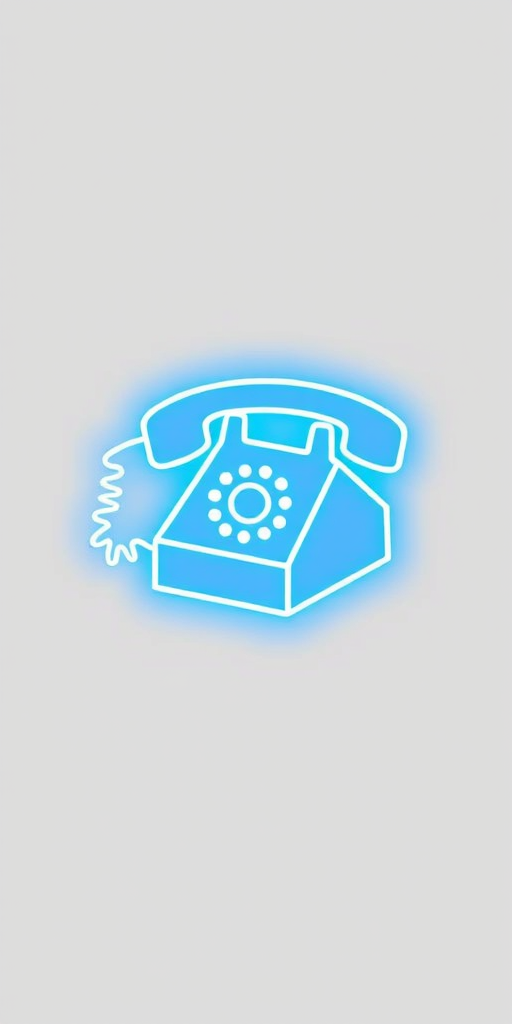 Create a high-resolution image of a neon blue telephone icon on a white background, using a DSLR camera with a 50mm lens, aperture set to f/1.8, ISO 100, and a soft focus style to enhance glow effects.