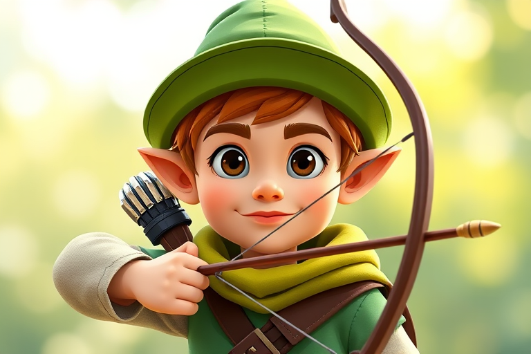 Create a vector-style image of a cartoonish archer with a green hat and a bow, using a 50mm lens, f/2.8 aperture, ISO 100, natural lighting, and a front view composition to enhance sharpness and detail.