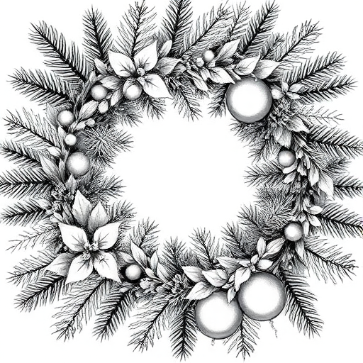 Create a detailed black and white illustration of a festive wreath featuring pine branches, holly leaves, and decorative ornaments, captured with a DSLR camera at f/2.8, ISO 100, 50mm lens, natural light, top-down view to enhance texture and depth.