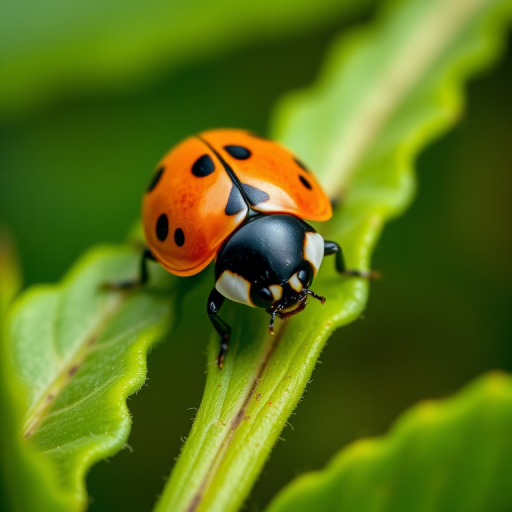close-up of a ladybug on green leaves, macro lens, f/2.8 aperture, 100mm focal length, ISO 200, natural daylight, shallow depth of field, DSLR camera