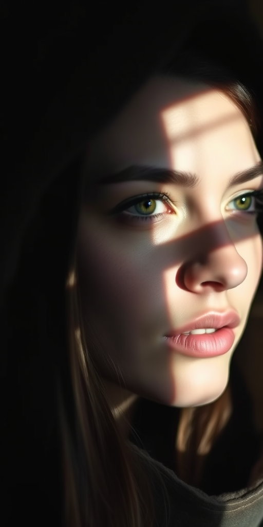 portrait of a woman with a hood, dramatic lighting and shadows, soft focus, aperture f/1.8, shutter speed 1/60s, ISO 200, 50mm lens, taken with a DSLR camera, natural light with highlights and shadows for depth
