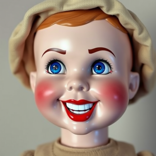 Generate a hyper-realistic image of a vintage doll with rosy cheeks, dimples, and a wide grin with red lips. The doll has bright blue, glossy eyes looking to the side, wearing a beige fabric hat. The face is shiny plastic, contrasting with the matte fabric of the clothing. The background is plain and neutral, emphasizing the doll’s unsettling expression.