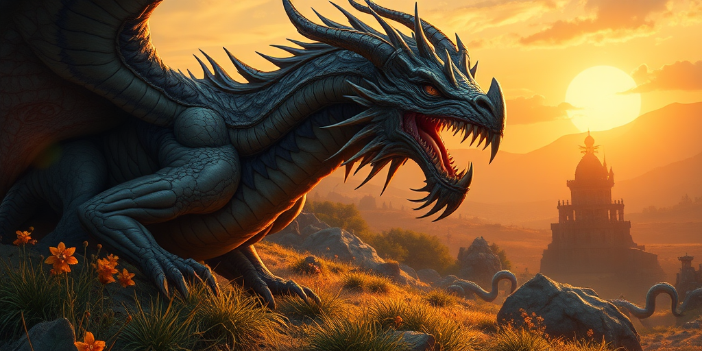 Generate a detailed illustration of a mythical creature with intricate features, set in a lush fantasy landscape during the golden hour, captured using a DSLR camera with a 50mm lens at f/1.8, ISO 100, and a wide-angle view for depth enhancement.