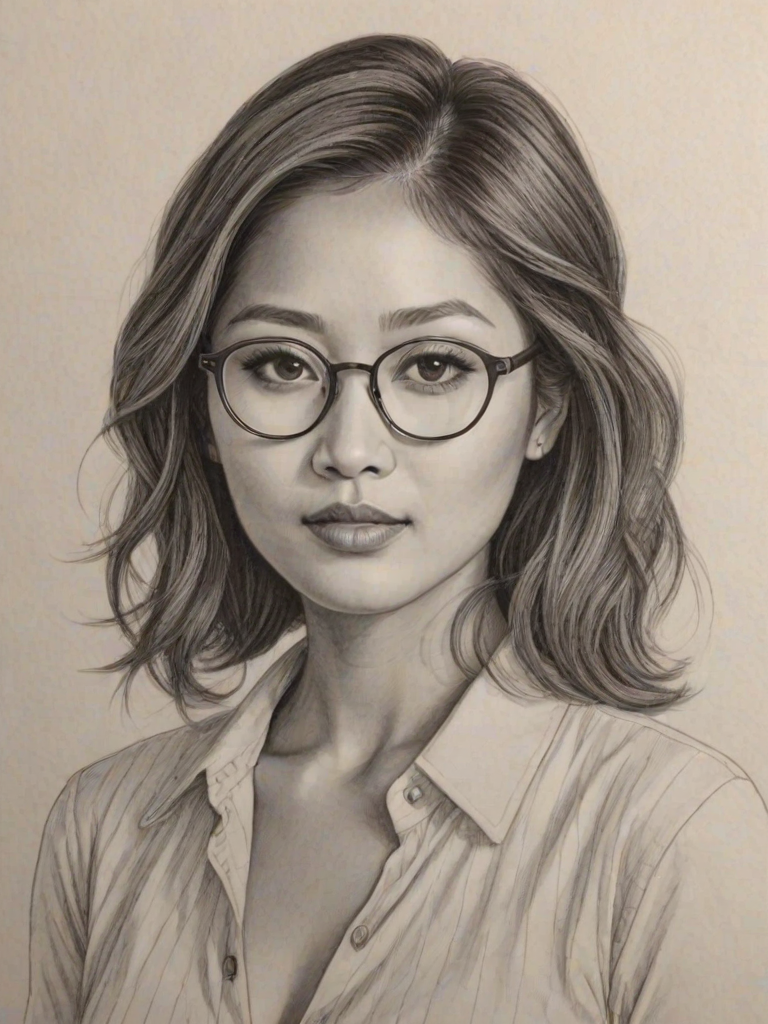 Resplendent Brenda Song, pencil sketch, portrait of Magnificent woman 1934s in glasses, hair style beatnik, outline, clear lines, fine lines, 8k