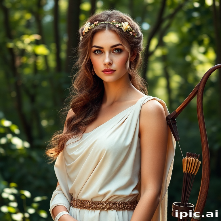 Create a portrait of a goddess-like female figure in a tranquil, forested environment. She has an elegant appearance with long, wavy hair styled in an updo and adorned with a delicate, floral headband. She wears a flowing, ancient Greek-inspired gown in a soft, pale color, featuring a one-shoulder design and draped fabric that accentuates her graceful form. The outfit includes a decorative belt with ornate gold detailing, and she holds a bow in her hand, with a quiver of arrows slung over her shoulder. The background depicts lush greenery, with sunlight filtering through the trees, casting a gentle, ethereal light on the scene. Her expression is calm and contemplative, embodying a sense of wisdom and serenity.