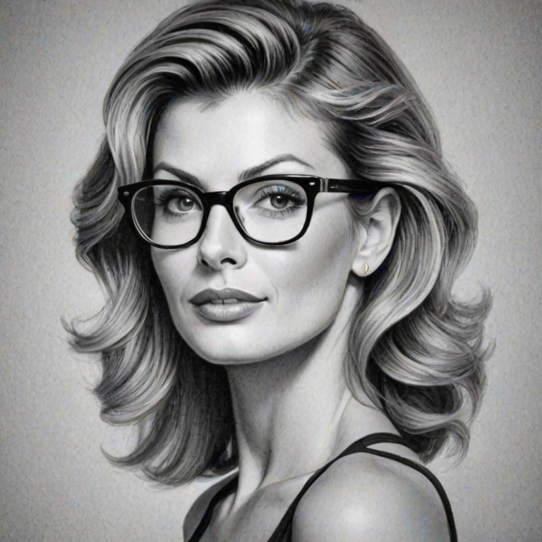 Splendid Faith Hill, pencil sketch, portrait of Captivating woman 1955s in glasses, hair style beatnik, outline, clear lines, fine lines, 8k