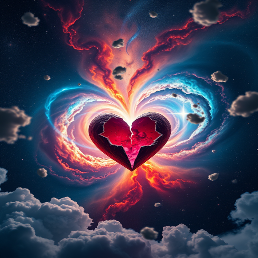 Create an epic cosmic scene featuring a shattered heart in the center of a vibrant, swirling nebula with shooting stars and dramatic clouds, captured with a DSLR camera at 24mm, f/2.8, ISO 100, using a wide-angle perspective and high dynamic range for enhanced detail and vivid colors.