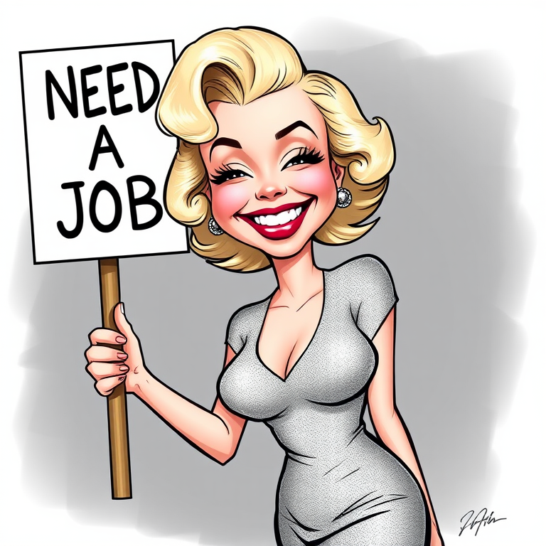 caricature of a smiling Marilyn Monroe in a Platinum dress or suit, holding up a sign that says "NEED A JOB", no watermark,
