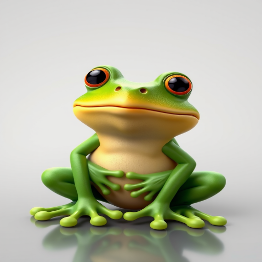 Create a high-resolution 3D rendering of a cartoon-style green frog sitting on its haunches with exaggerated features, captured at an aperture of f/8, ISO 100, and a focal length of 50mm, using a DSLR camera with a vibrant color palette and soft lighting against a transparent background.