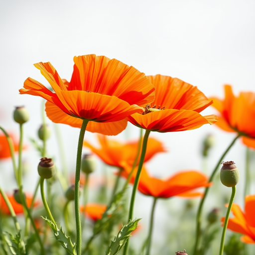 Create an illustration of vibrant orange poppy flowers with flowing green stems and delicate leaves, captured in a macro view using a DSLR camera set to f/2.8 aperture, 1/200 sec shutter speed, ISO 100, with natural lighting for enhanced color depth and detail.