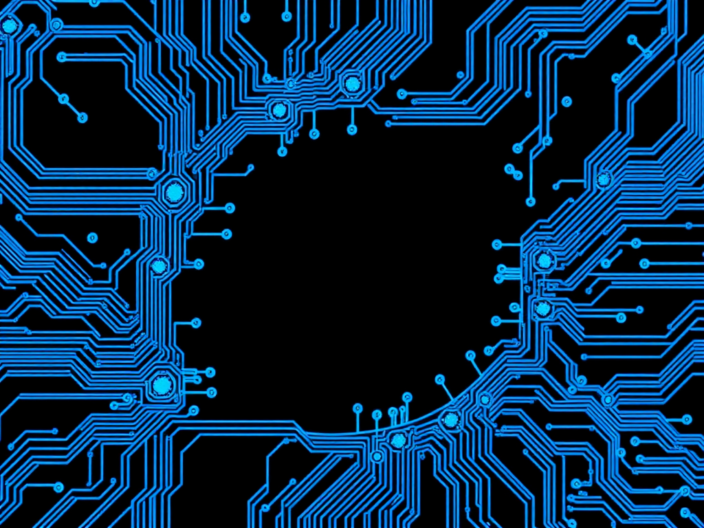 Create an abstract digital artwork featuring intricate blue circuitry patterns on a black background, using a high-resolution camera with a 50mm lens, f/1.8 aperture, ISO 100, 1/60 sec exposure, shot from a top-down view with a macro style for enhanced detail.