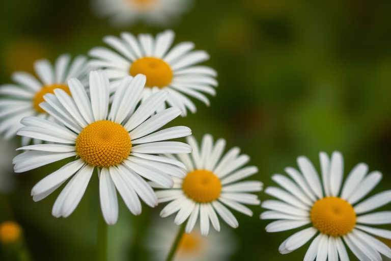 macro shot of white daisies with yellow centers on a blurred green background, f/2.8 aperture, 1/200s shutter speed, ISO 100, shot with a DSLR camera using a 50mm lens, natural light photography